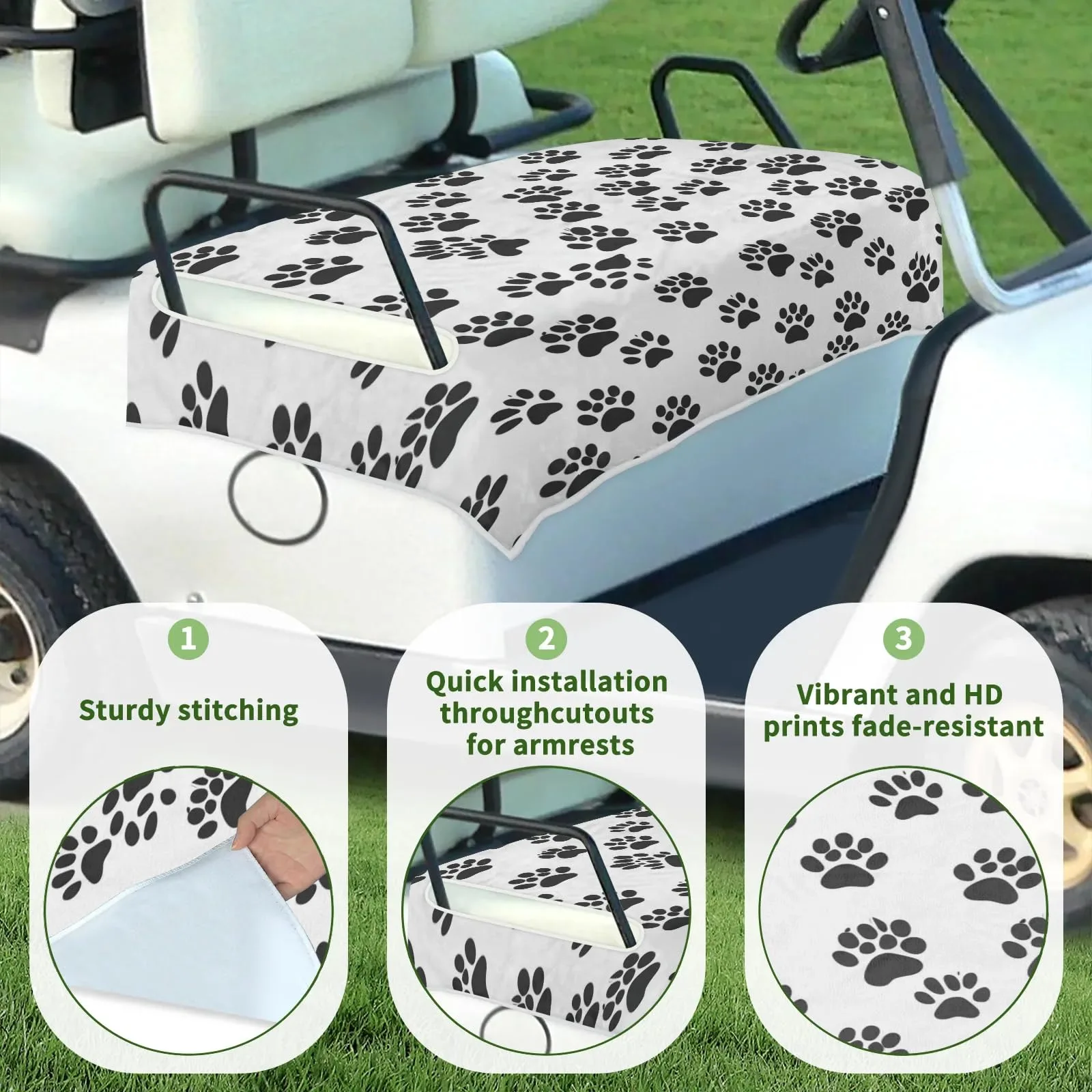 Tiveruda Black & White Paw Print Golf Cart Seat Cover — 51" x 31" image 3