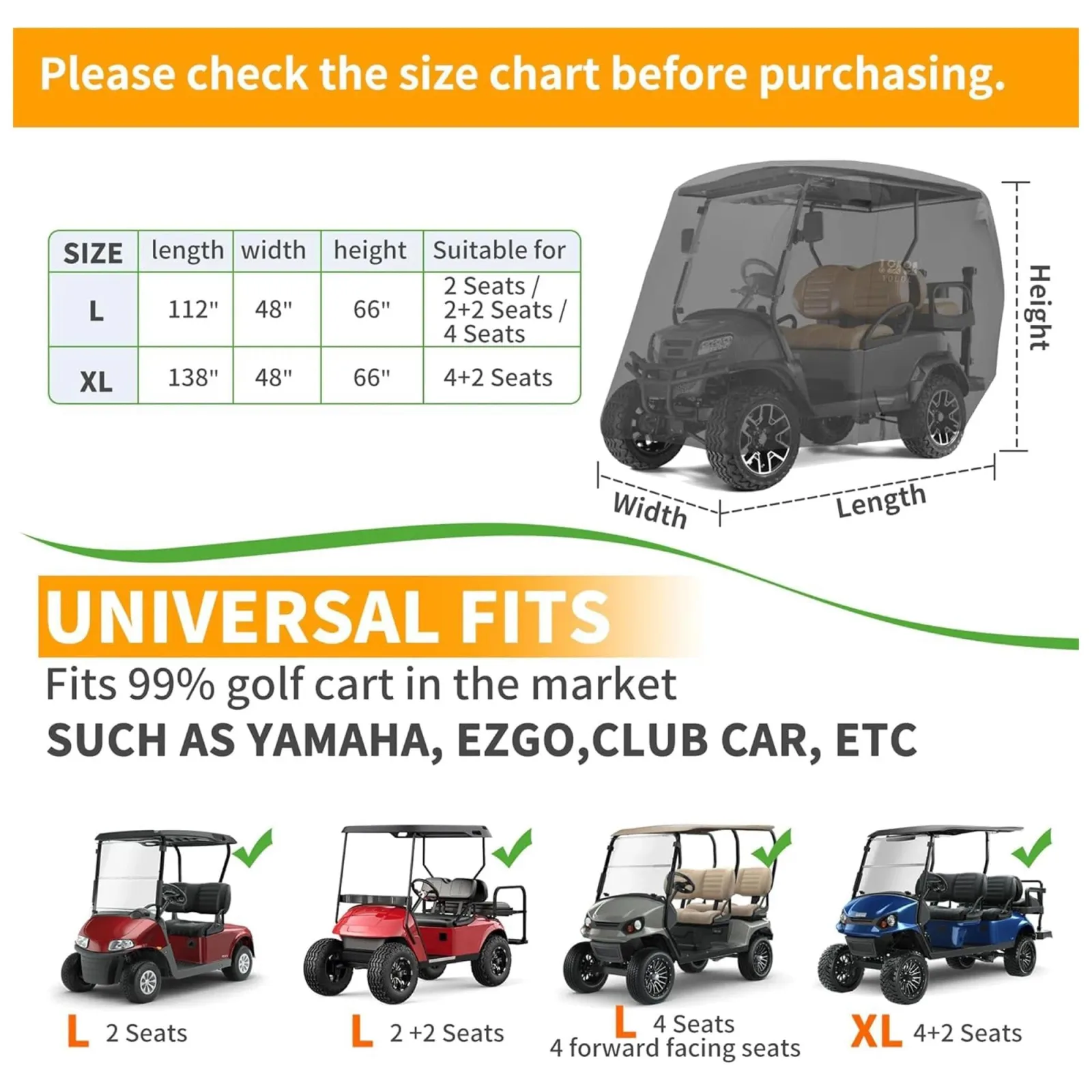 10L0L 650D Heavy-Duty Golf Cart Cover 112"×50"×73" — Fits 2/4-Seat Yamaha, E-Z-GO, Club Car image 3